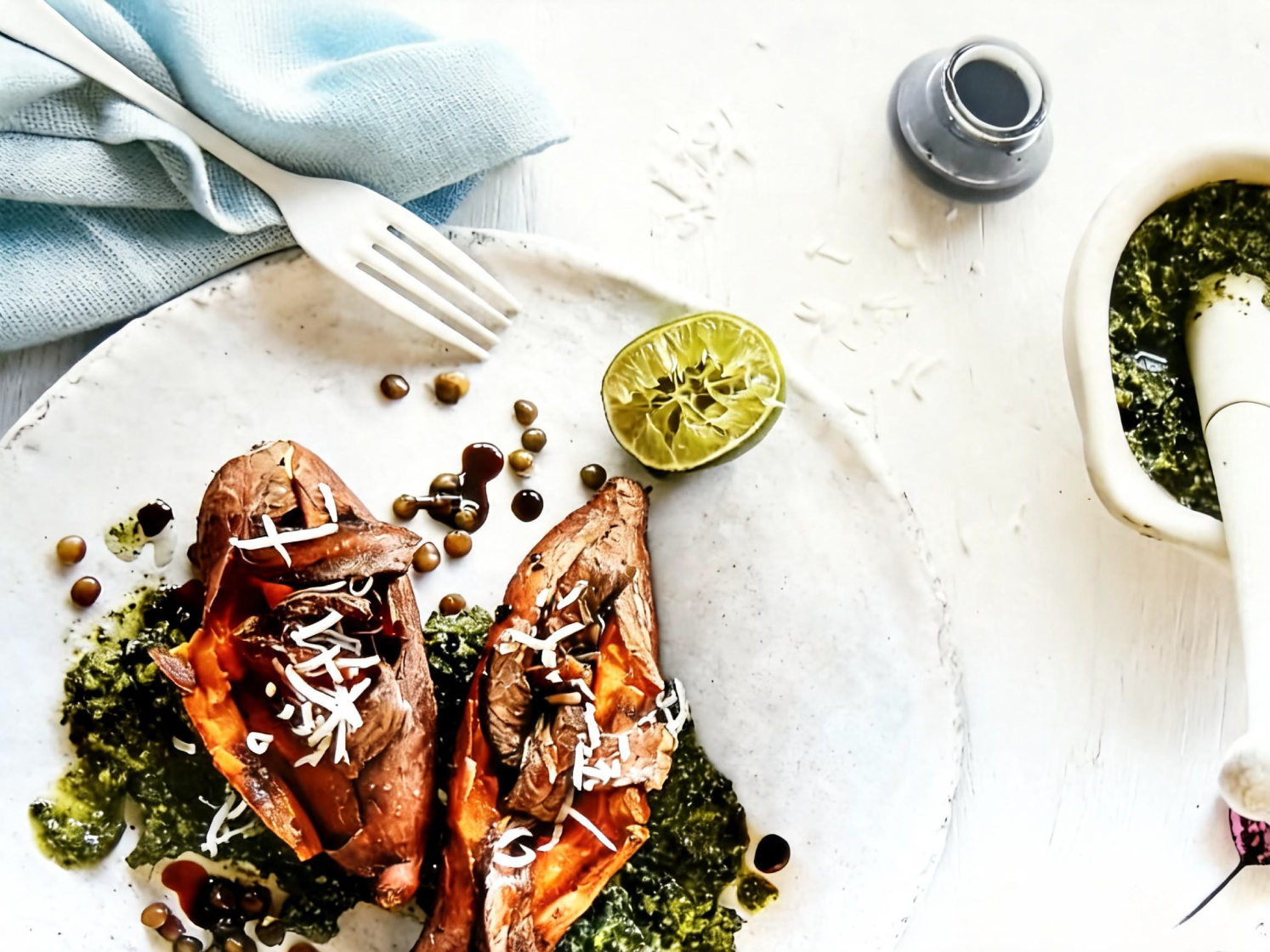 Coconut Steak Salad with Roasted Sweet Potato, Coriander Pesto & Lentils